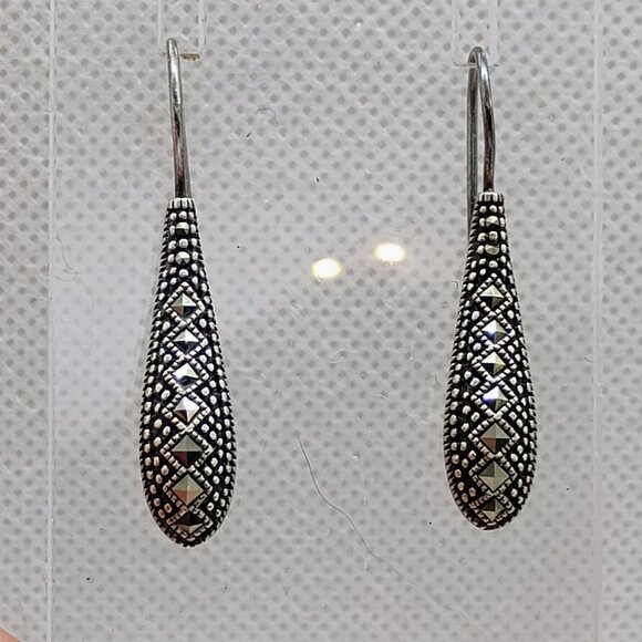 Vtg Art Deco Marcasite Sterling Silver Signed 925 A Teardrop Dangle Earrings - Picture 3 of 6